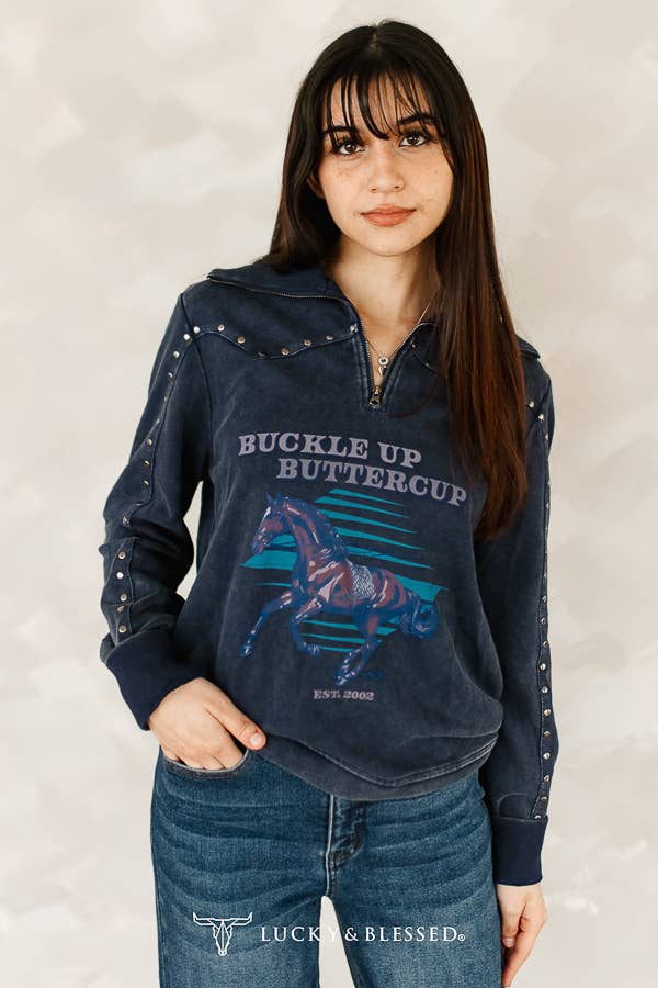 Dark Blue Mineral Wash Vintage Running Horse Sweater XL-3XL