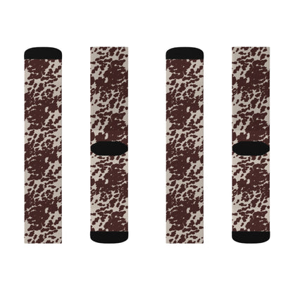 Brown Cowhide Pattern Sublimation Socks — Animal Print Crew Socks