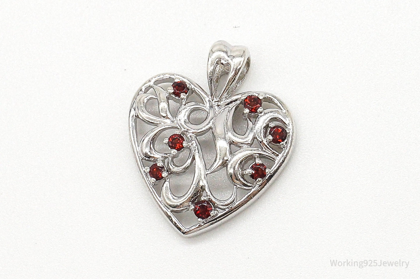 Vintage Designer CID Garnet Heart Sterling Silver Pendant