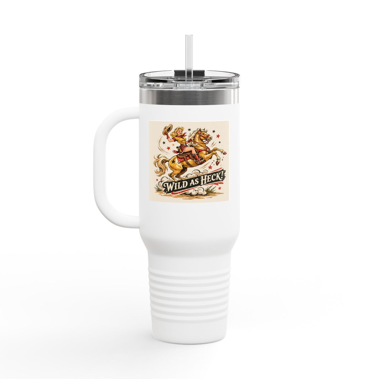 Wild As Heck 40oz Insulated Travel Mug — Retro Rodeo Horse Design