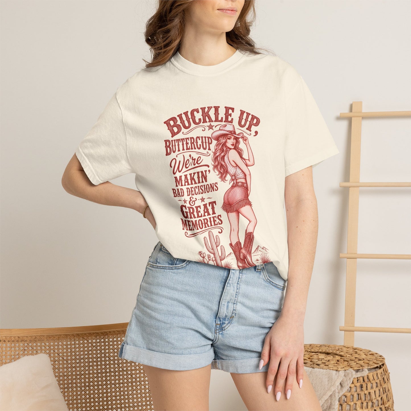 Buckle Up Buttercup Western Graphic T-Shirt – 'Makin' Bad Decisions & Great Memories' Cowgirl Tee