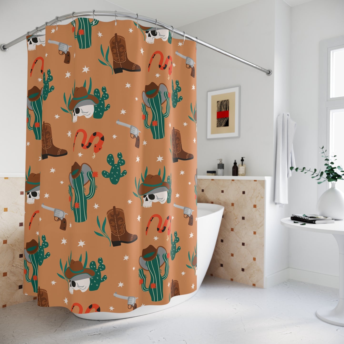 Western Desert Shower Curtain — Cowboy Skull, Cactus & Boots Bath Decor
