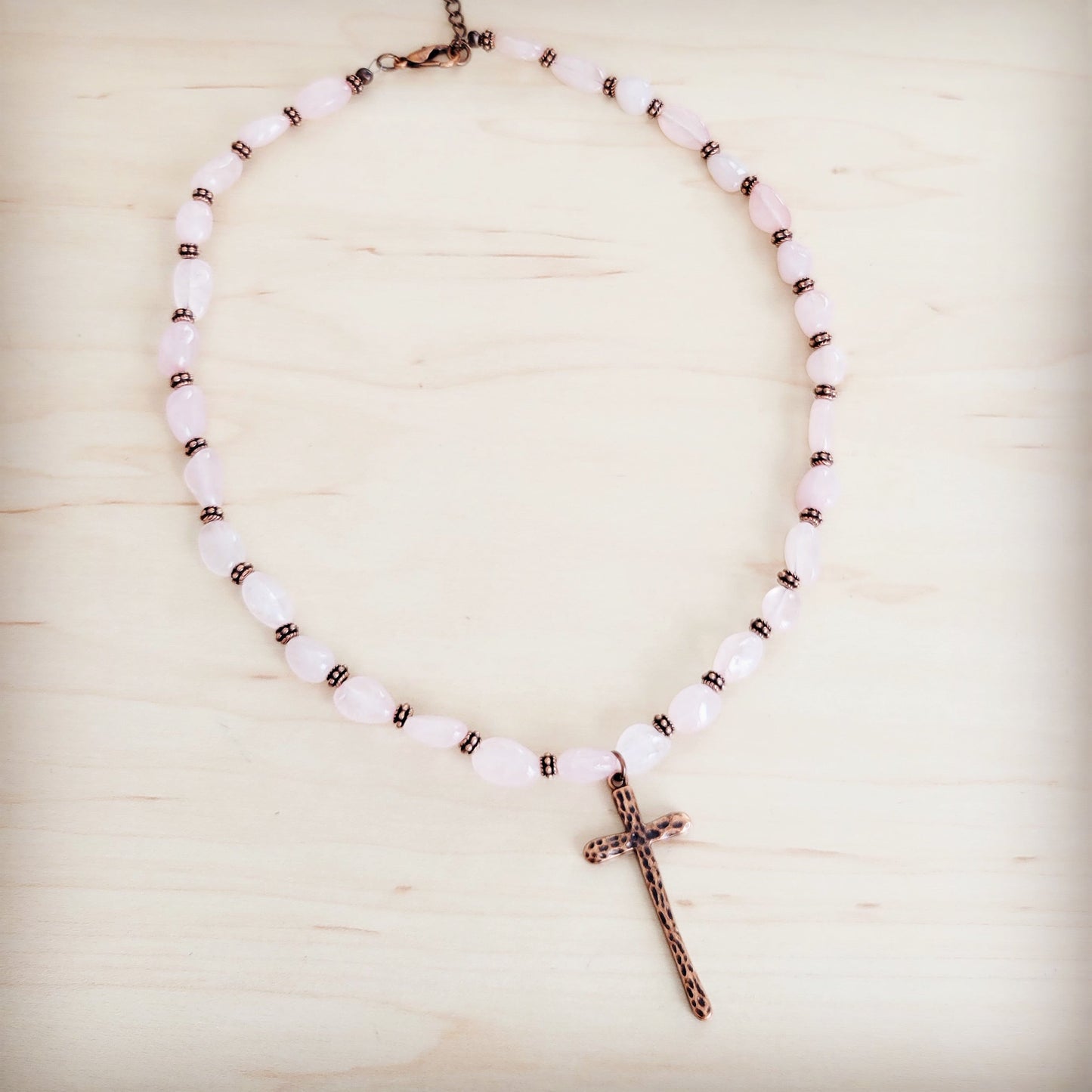 Rose Quartz Collar Necklace w/ Copper Cross Pendant 263i