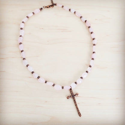 Rose Quartz Collar Necklace w/ Copper Cross Pendant 263i