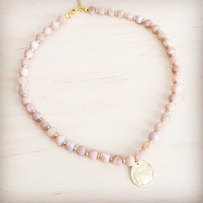 Frosted Sunstone Beaded Collar Necklace w/ Matte Gold Pendant 262n
