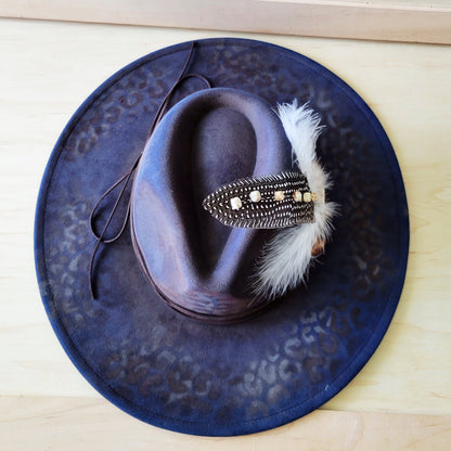 Hand-Painted Leopard Boho Western Cowgirl Hat & Band-Navy 987L