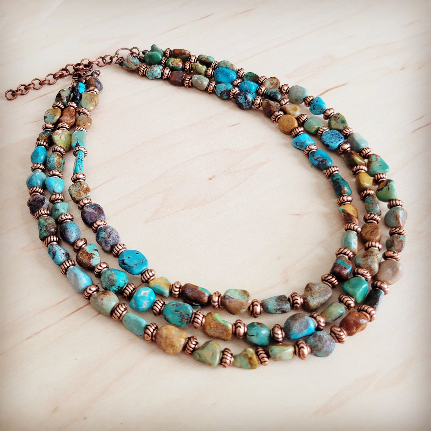 Genuine HuBei Turquoise & Copper Triple Strand Necklace 259t
