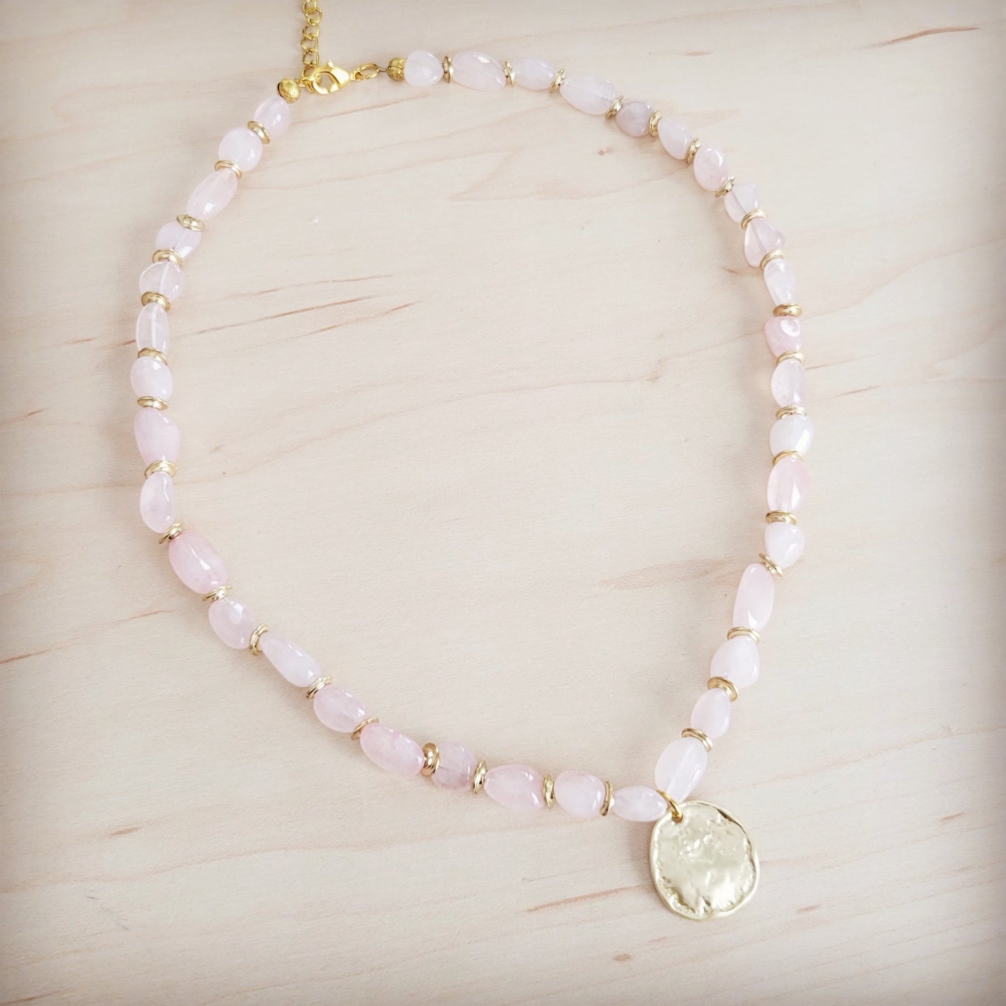 Rose Quartz Collar Necklace w/ Gold Coin Charm 263h