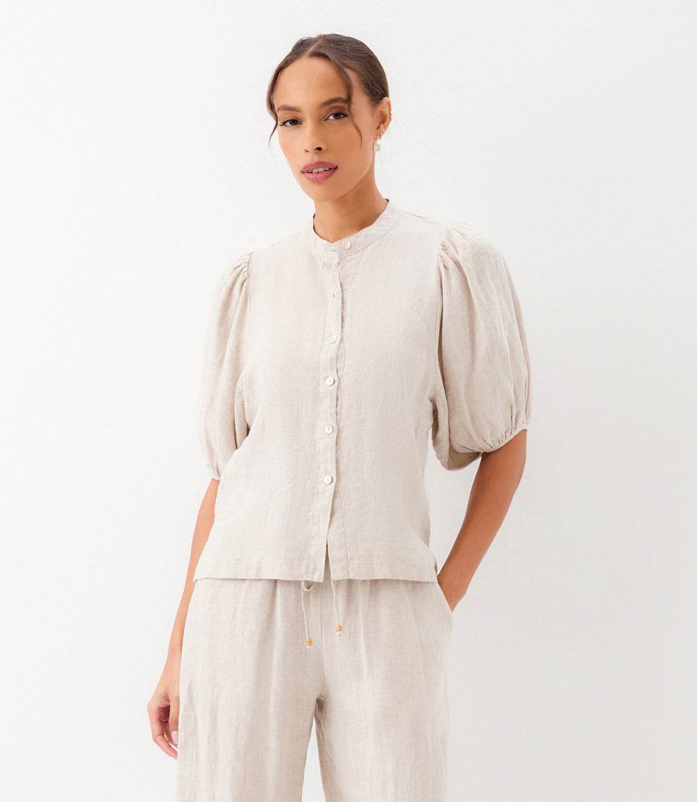 Puff Sleeve Linen Button-Up Shirt