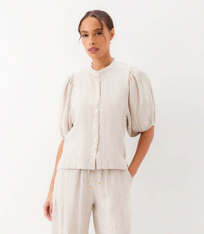 Puff Sleeve Linen Button-Up Shirt