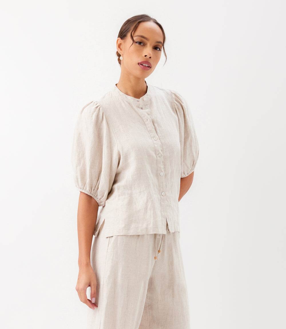 Puff Sleeve Linen Button-Up Shirt