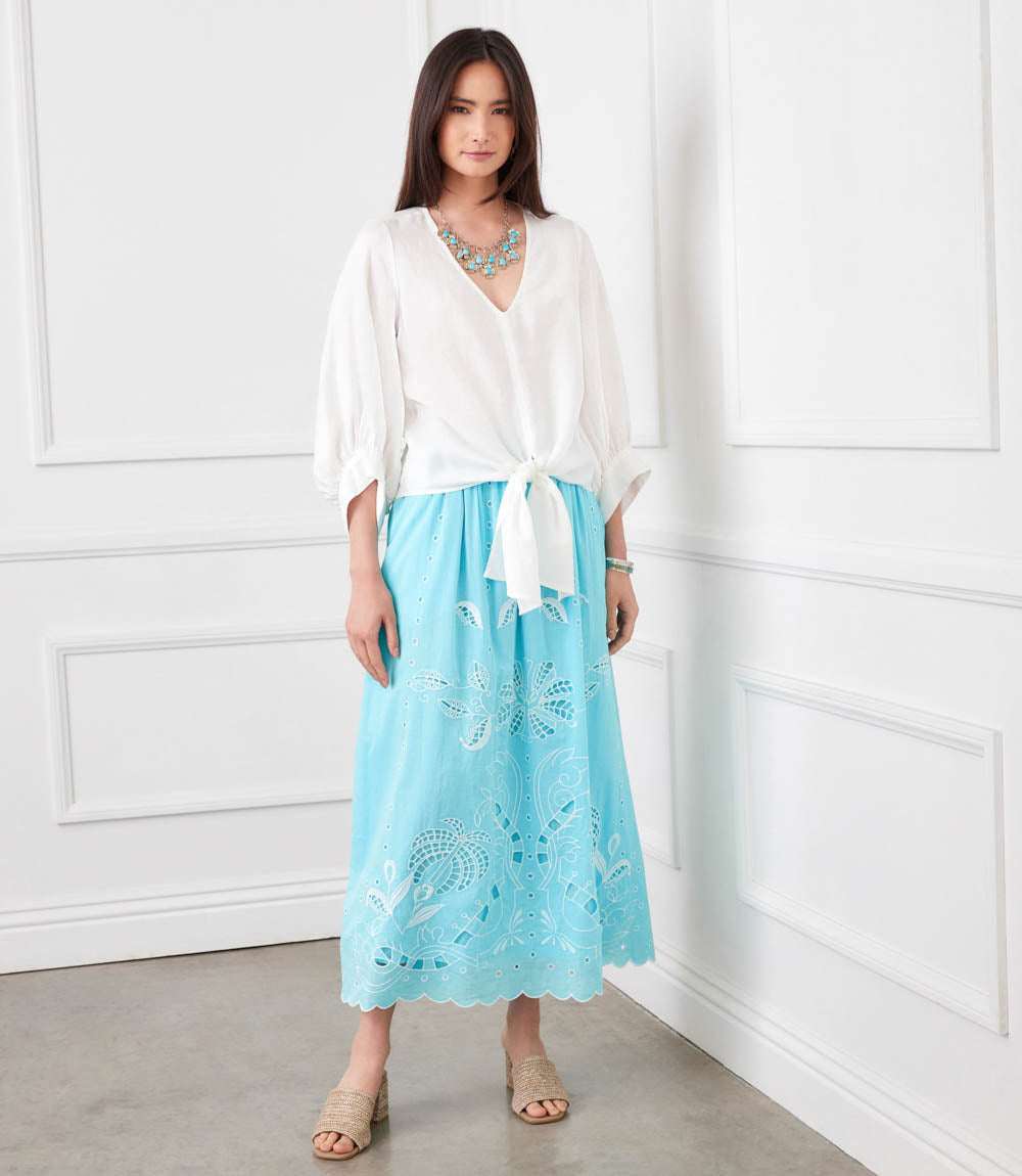 Blouson Sleeve Linen Tie-Front Top