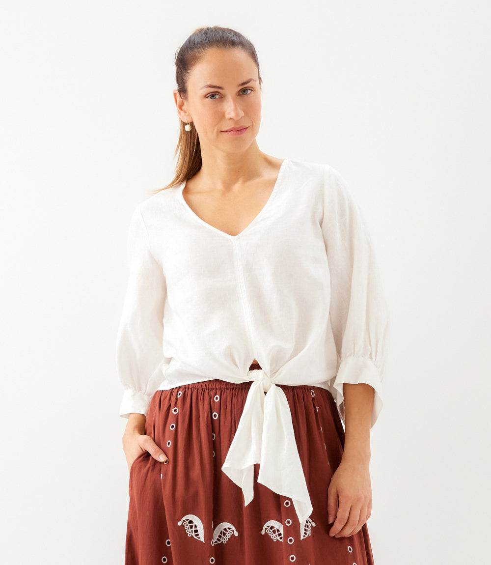 Blouson Sleeve Linen Tie-Front Top
