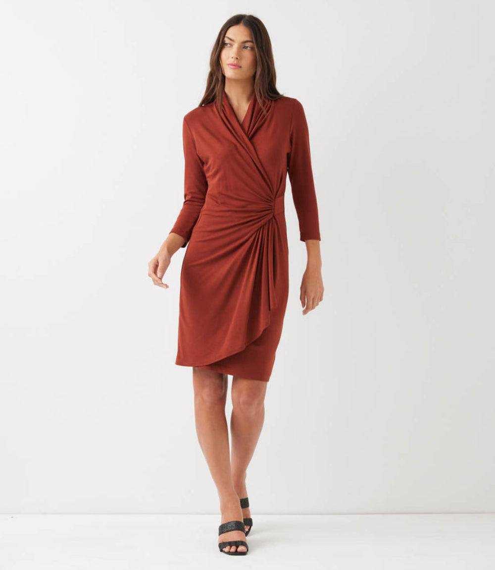 3/4 Sleeve Cascade Wrap Dress