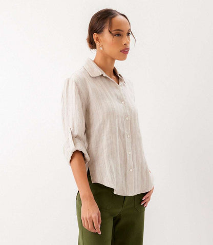 Stripe Linen Roll-Tab Shirt