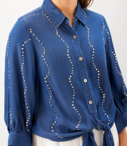 Blouson Sleeve Gemstone Denim Shirt
