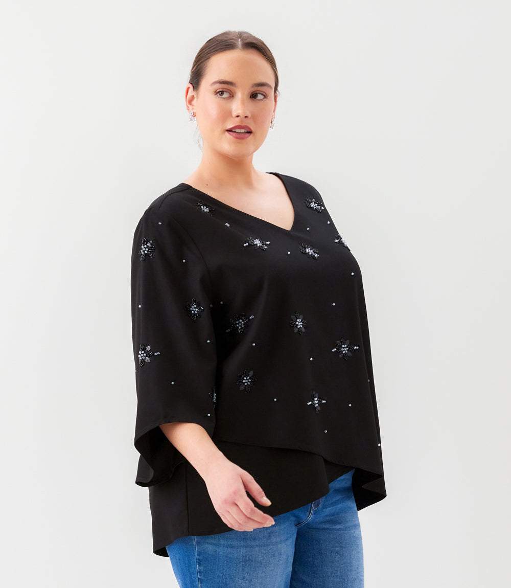 Plus Size Bracelet Sleeve Embellished Asymmetric Top