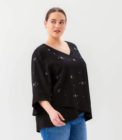 Plus Size Bracelet Sleeve Embellished Asymmetric Top