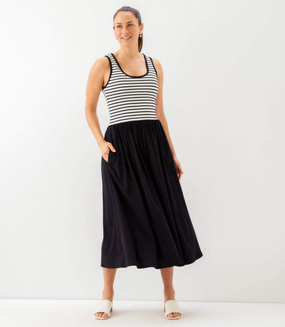 Sleeveless Stripe Bodice Mixed-Media Midi Dress