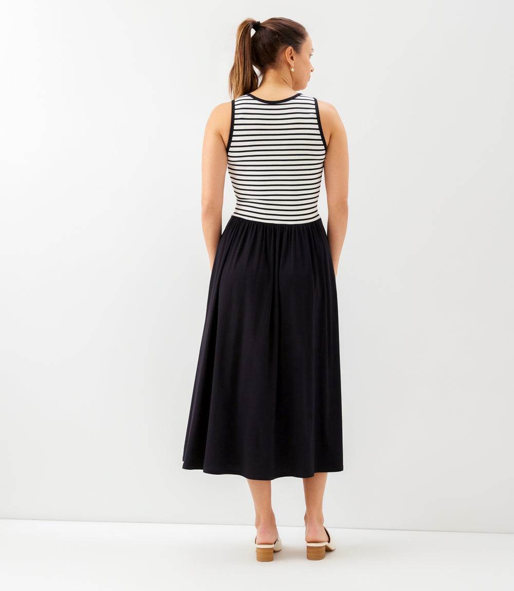 Sleeveless Stripe Bodice Mixed-Media Midi Dress