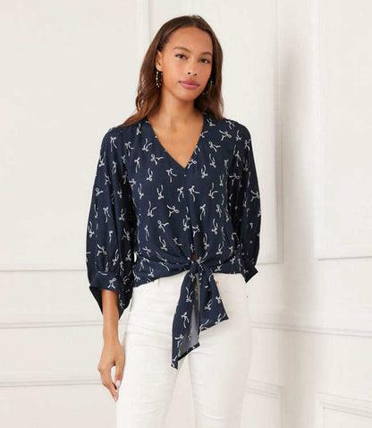 Blouson Sleeve Tie-Front Top