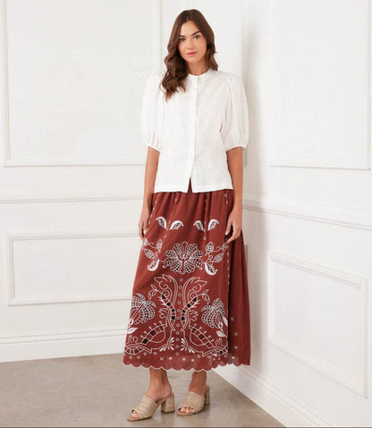 Cut-Out Embroidery Midi Skirt