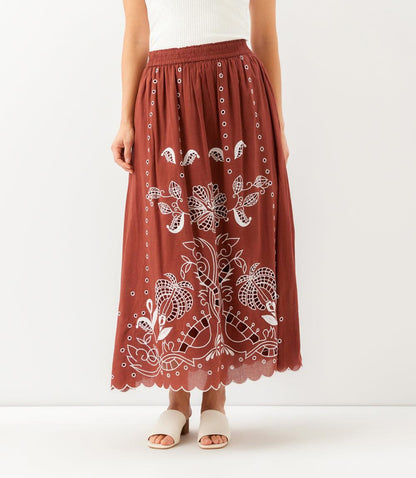 Cut-Out Embroidery Midi Skirt