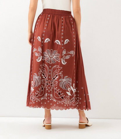Cut-Out Embroidery Midi Skirt