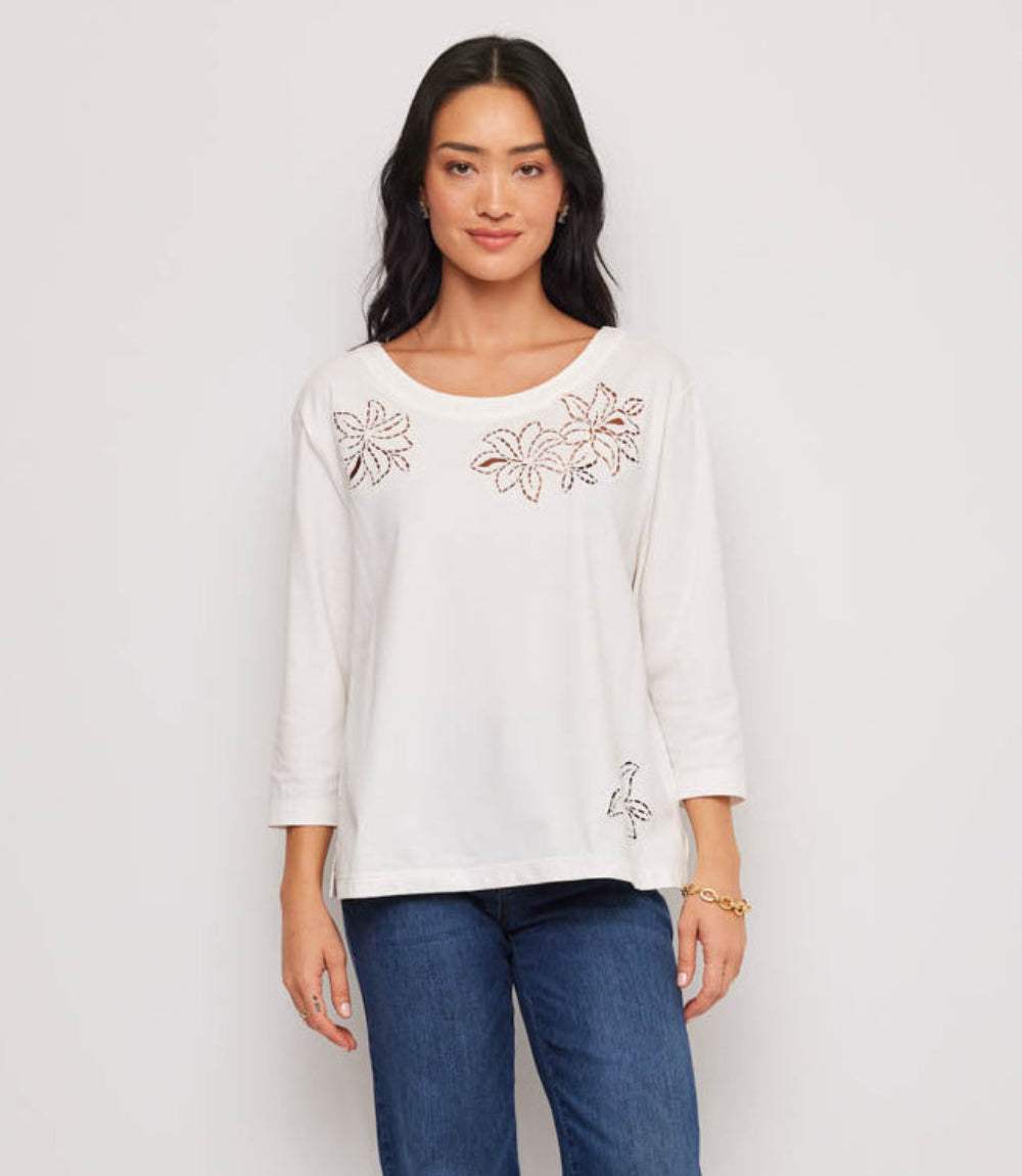 3/4 Sleeve Embroidered Cut-Out Boatneck Top
