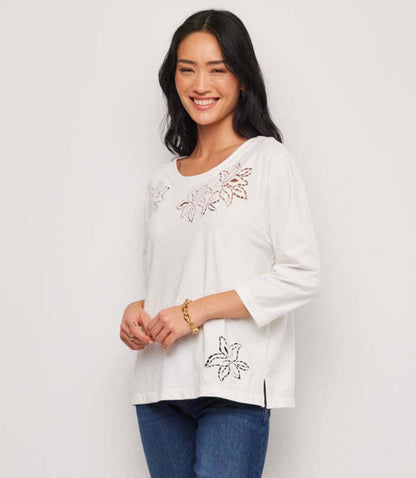 3/4 Sleeve Embroidered Cut-Out Boatneck Top