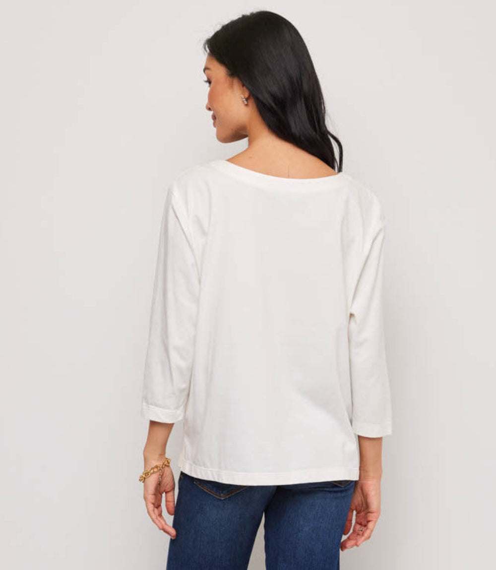 3/4 Sleeve Embroidered Cut-Out Boatneck Top