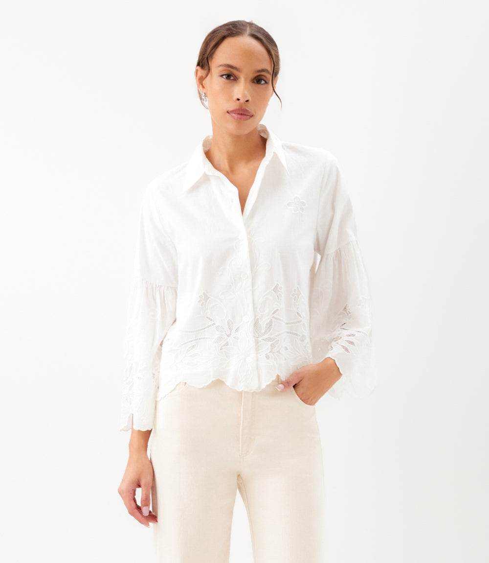 Embroidered Bell Sleeve Button Front Blouse