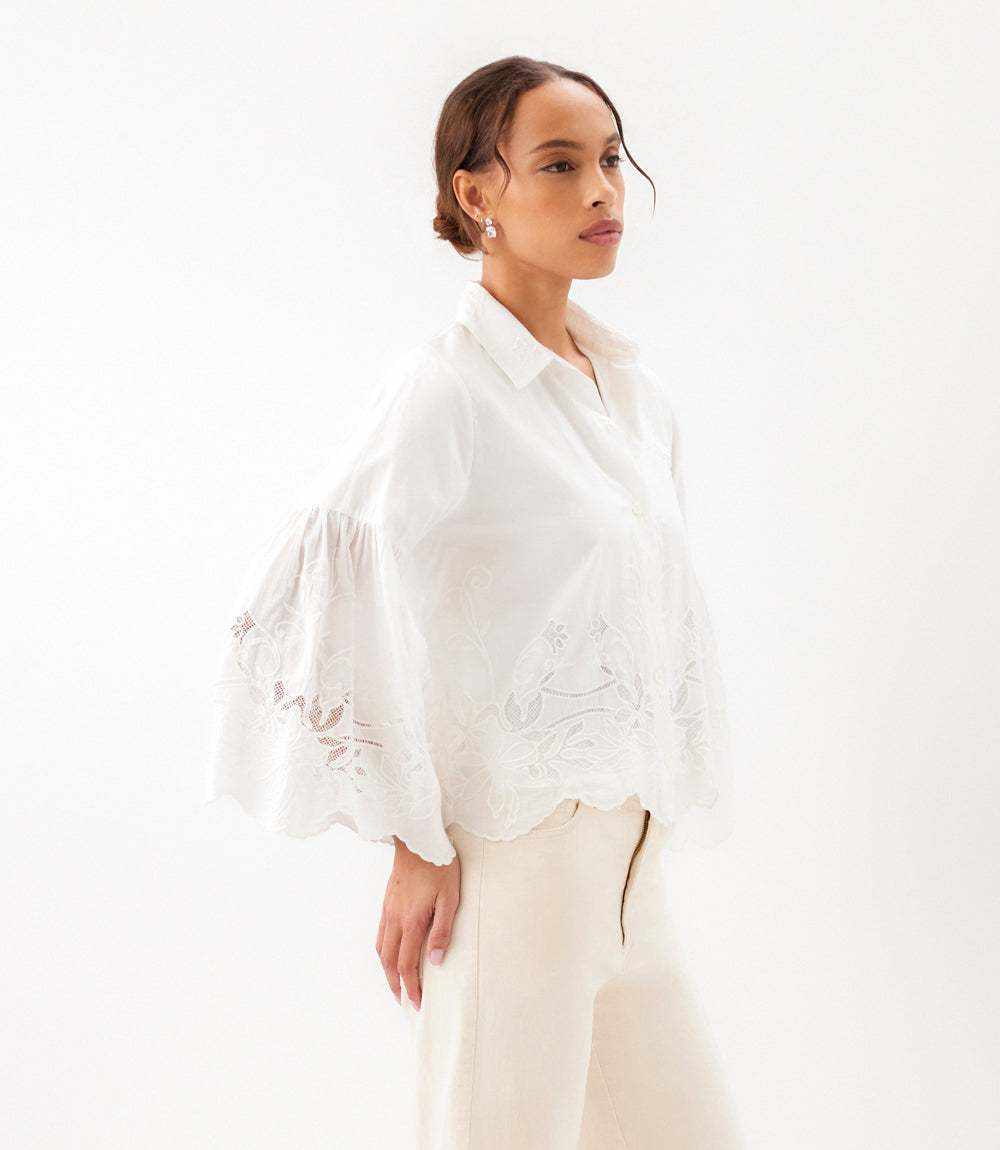 Embroidered Bell Sleeve Button Front Blouse