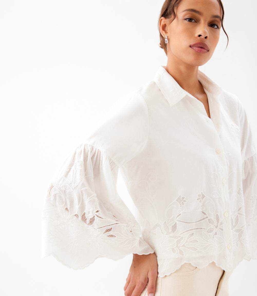 Embroidered Bell Sleeve Button Front Blouse