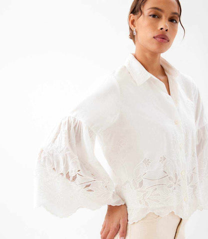 Embroidered Bell Sleeve Button Front Blouse