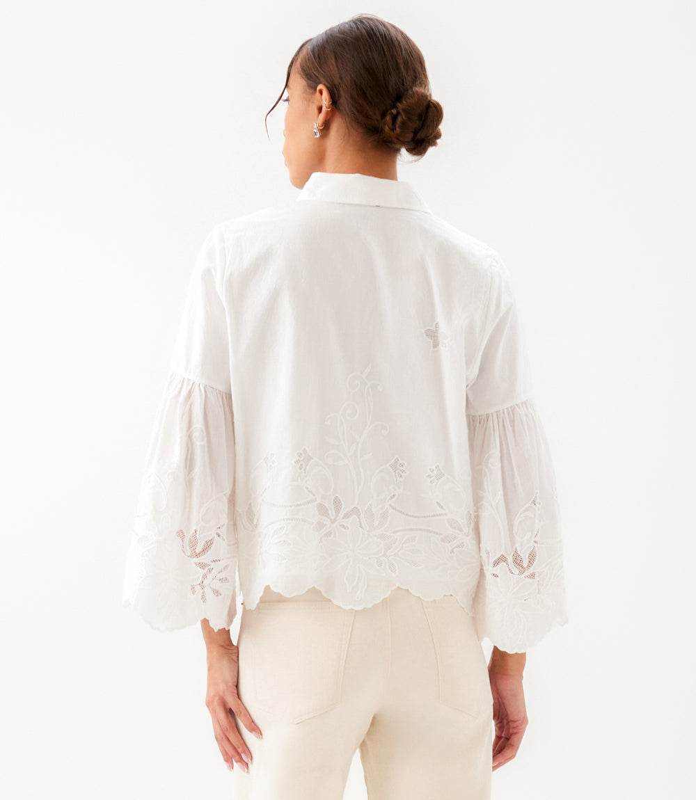 Embroidered Bell Sleeve Button Front Blouse