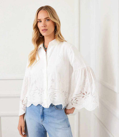 Embroidered Bell Sleeve Button Front Blouse