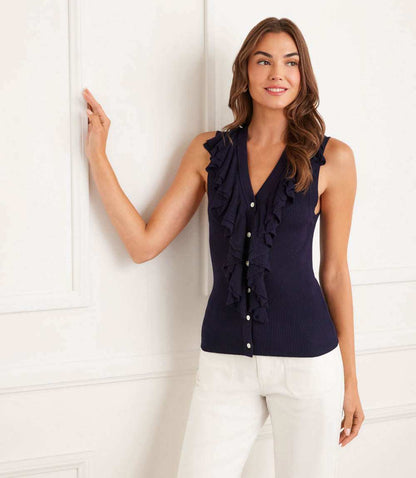 Sleeveless Ruffle V-Neck Sweater