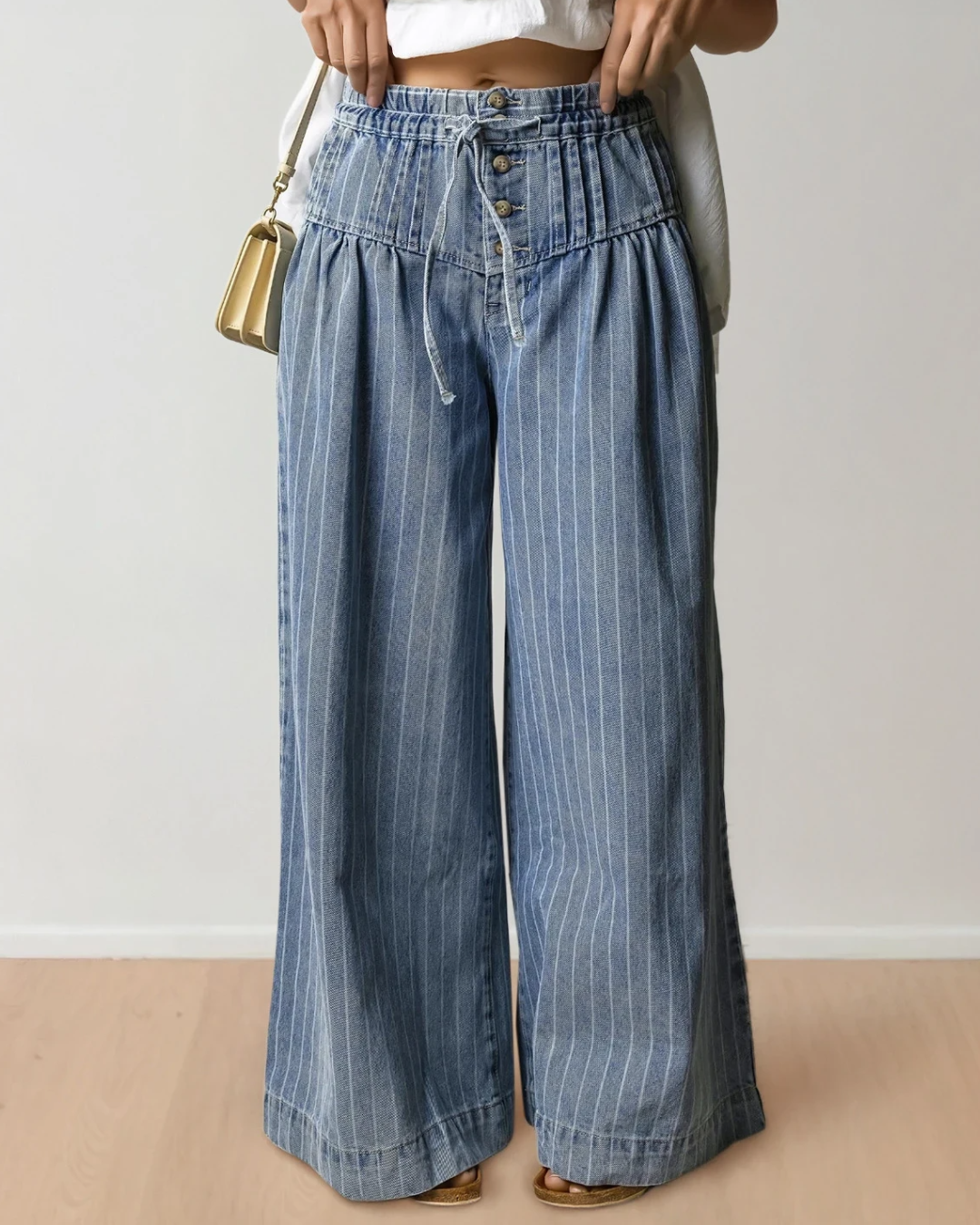 PREORDER - Cora Stripe Button Pleated Drawstring Waist Casual Wide Leg Jeans