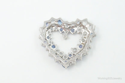 Vintage Designer Open Heart Cubic Zirconia Iolite Sterling Silver Pendant