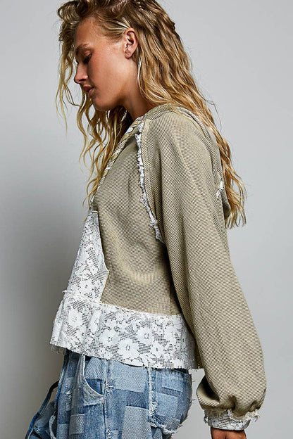 Lace & Thermal Cropped Hoodie