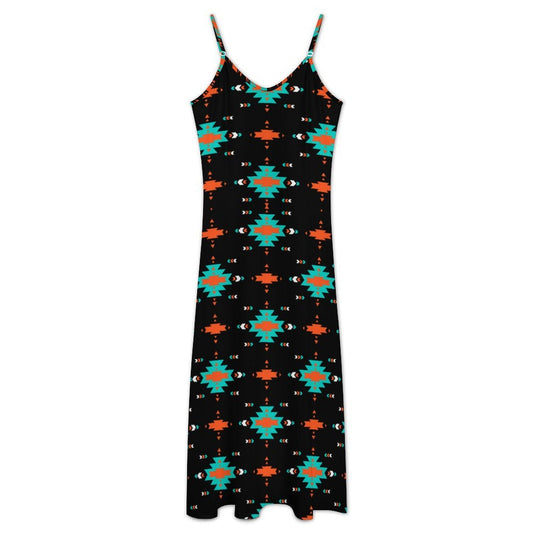 Baha Ranch Turquoise Orange Aztec Western Maxi Dress