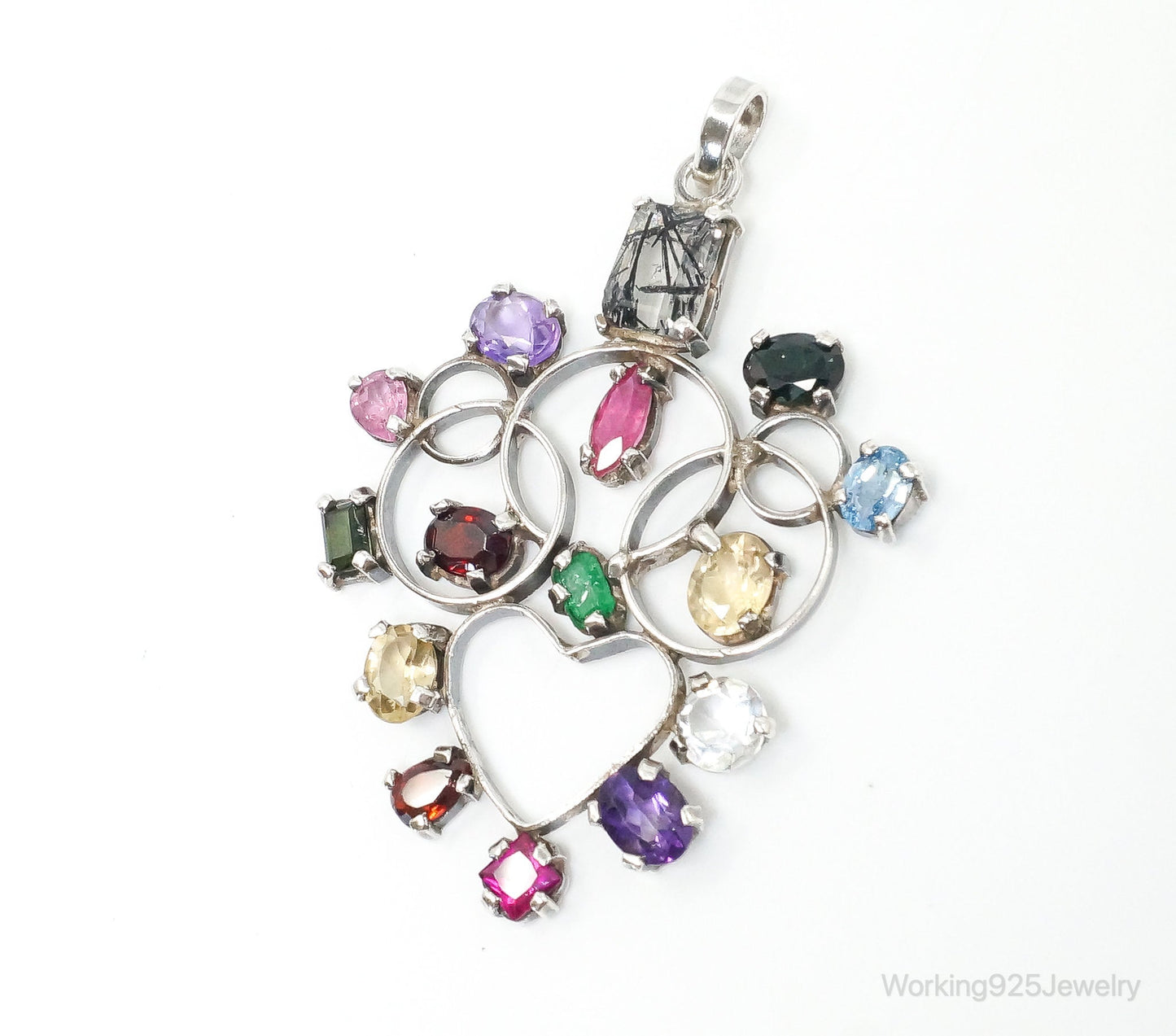 Large Vintage Multi Gem Sterling Silver Necklace Pendant