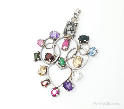 Large Vintage Multi Gem Sterling Silver Necklace Pendant