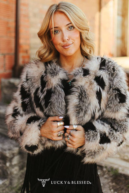 Taupe Grey Marbled Faux Fur Fringe Statement Jacket