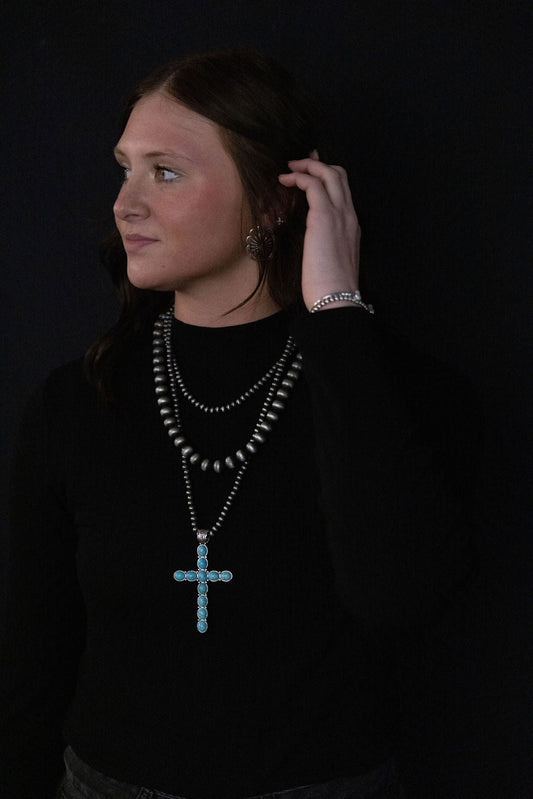 Western Turquoise Cross Three-Layered Necklace — Faux Pearl Trio with 3" Cross Pendant