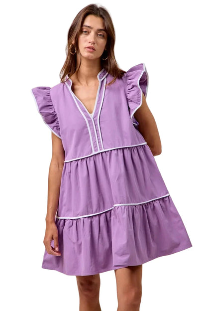 Womens Casual Babydoll Dress Flutter Sleeve Tiered Mini Purple V Neck White Trim Summer Ruffle Detail