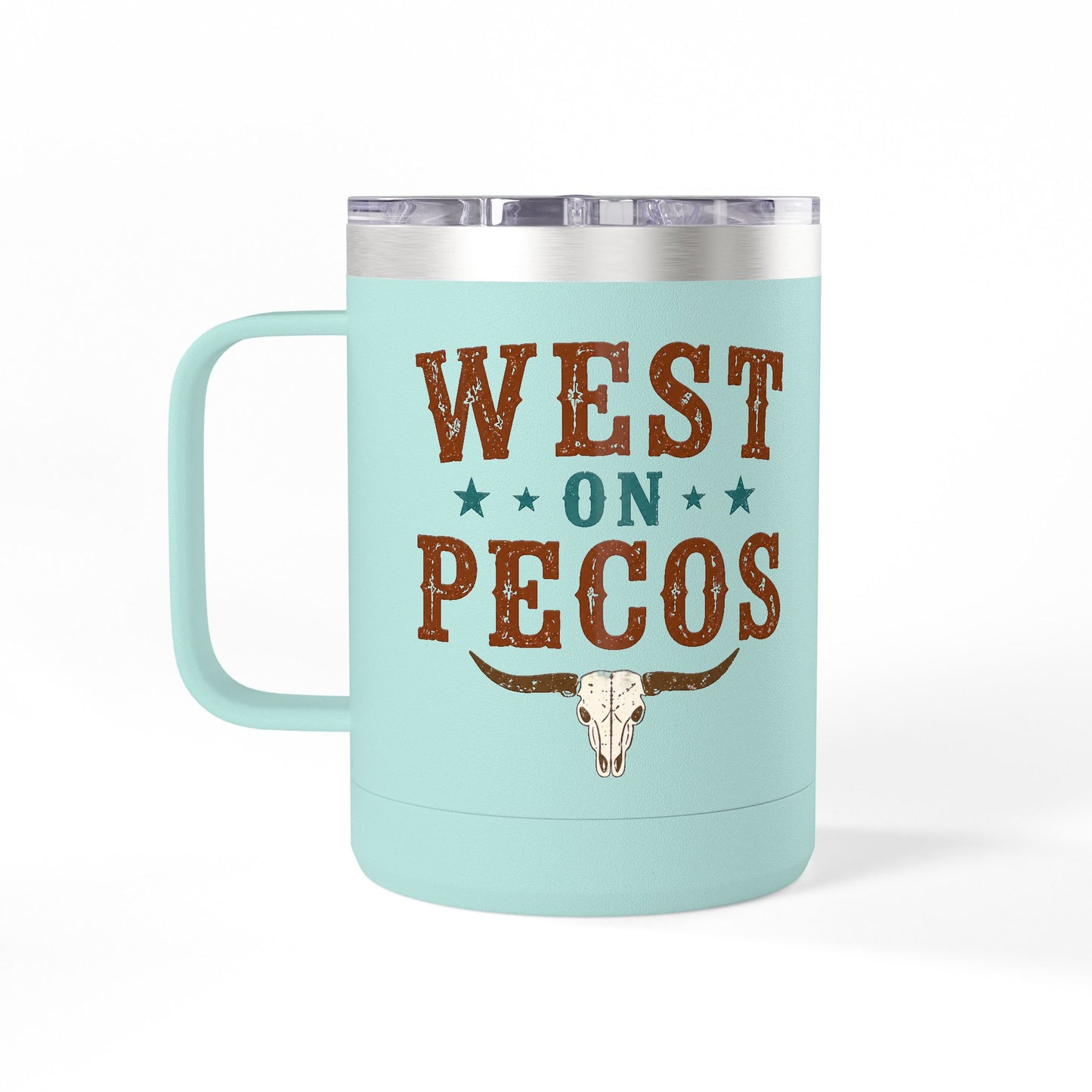 Western West on Pecos Coffee Mug — 15oz Rancher Travel Tumbler (No-Spill)