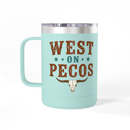 Western West on Pecos Coffee Mug — 15oz Rancher Travel Tumbler (No-Spill)