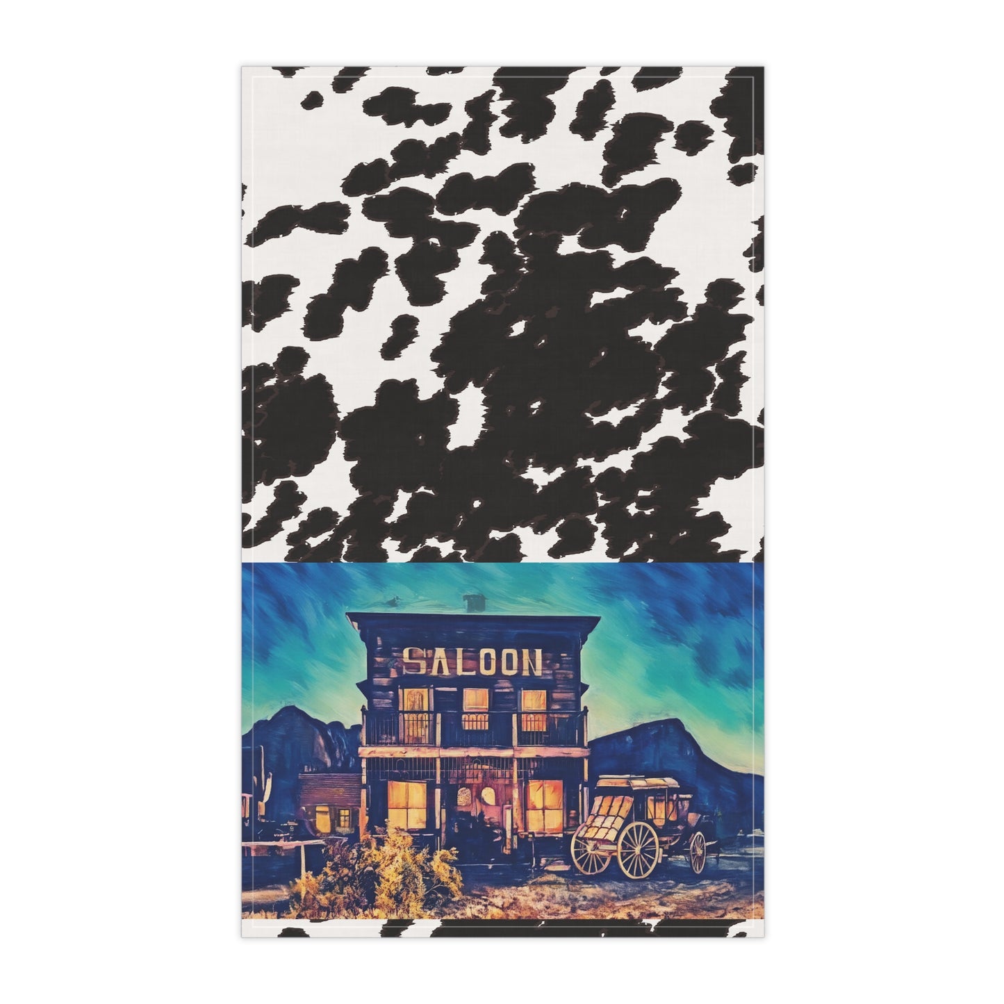 Cowhide Saloon Tea Towel — Western Saloon Kitchen Towel with Vintage Wagon Design